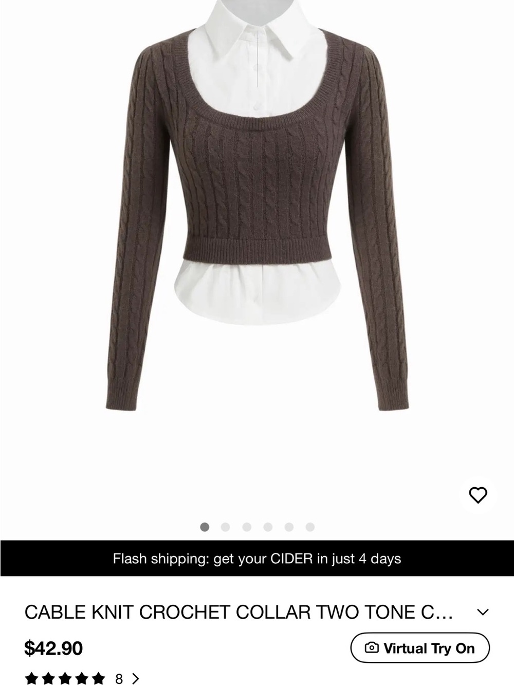 Cider Brown Cable Knit Cropped Sweater with White Shirt Layer